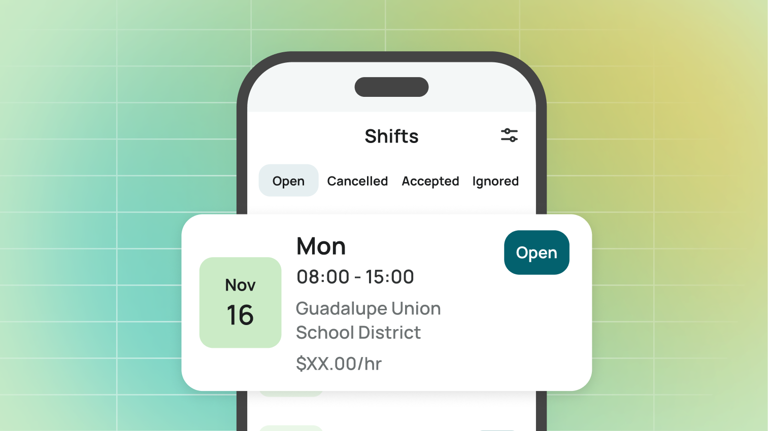 Mobile app screen displaying open substitute teaching shifts, including date, time, school district, and hourly pay details, with filters for shift status.