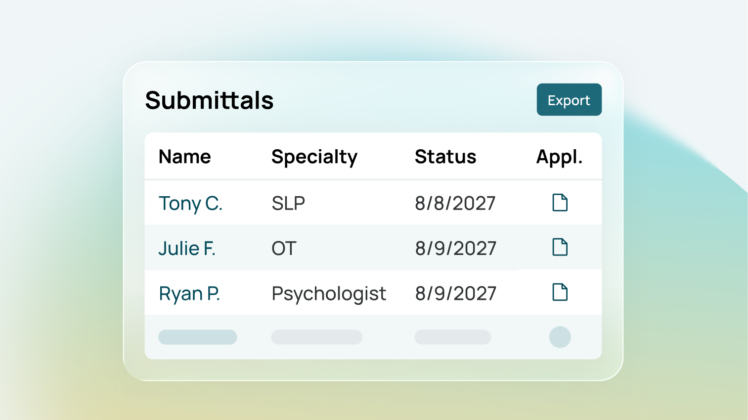 School staffing submissions dashboard displaying candidate names, specialties, application status dates, and export functionality for education hiring management.