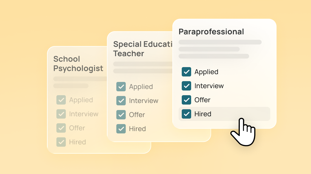 Illustration of K-12 education hiring workflow showing candidate progress for school psychologist, special education teacher, and paraprofessional roles from application through hire.